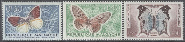 Madagaskar - M  445-447 Fjärilar bla Colotis zoe , serie 3 olika **