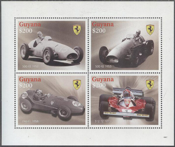 Guyana - M 7996-7999 Gamla & Nya Ferrari Bilar bla 246 F1 1958, Miniark kpl **