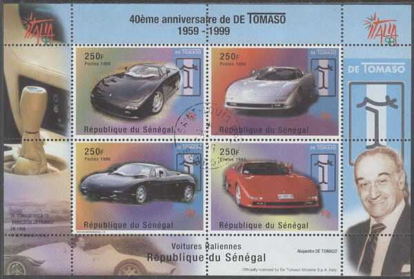 Senegal - M 1611-1614 (BL 83) Italienska biltillverkare "De Tomaso" 40 år - Utställning, block stpl
