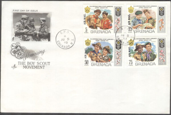 Grenada - FDC 1972-06-05 - 13:e Världsscoutträffen i Japan - Påtryck, serie 4 kpl