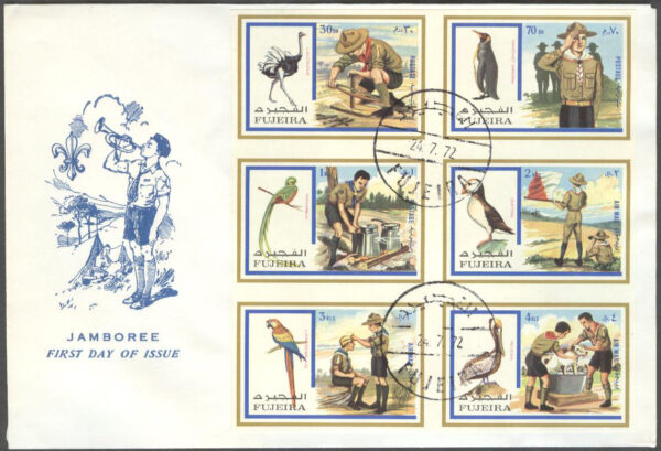 Fujeira - FDC 1972-07-24 - Scouting & Fåglar bla Struts, 6-Block kpl