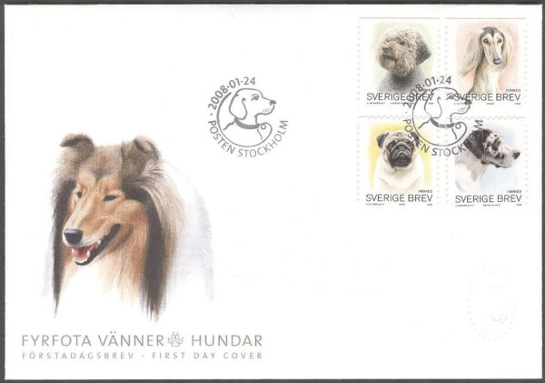 Sverige - FDC 2008-01-24 - Fyrfota vänner - Hundar, serie 4 kpl Vinjett 1