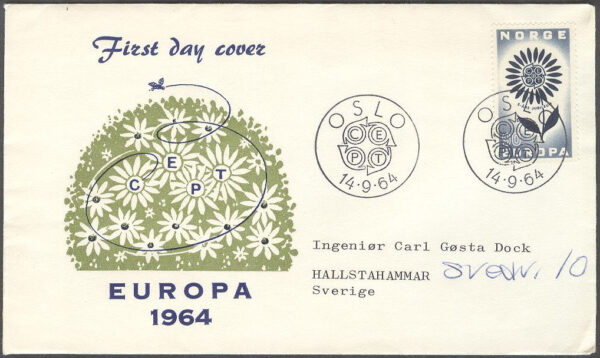 Norge - FDC 1964-09-14 - Europa CEPT 1964, 1 kpl Vinjett 8 Adressat