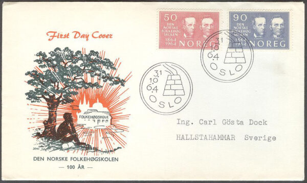 Norge - FDC 1964-10-31 - Folkhögskolan 100 år, 2 kpl Vinjett 6 Adressat