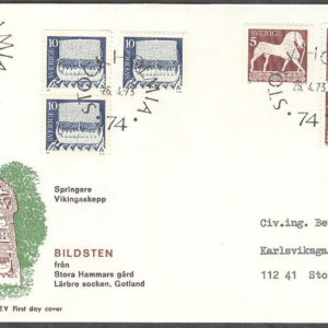 Sverige – FDC 1973-04-26 – Forntida konst, 6 kpl Vinjett 1 Stä Stockholmia Adressat