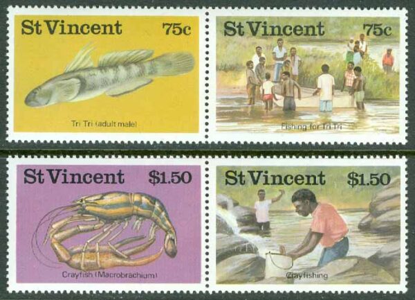 St. Vincent - M 1008-1011 Fiskar, floddjur, fiskare, 2 st par kpl **
