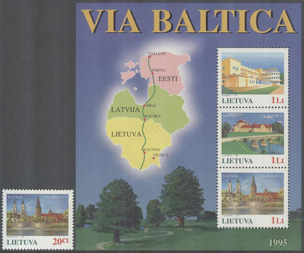 Litauen - M  576 + BL 6 Via Baltica - Städer bla Kaunas - Karta, 1 kpl + Block **