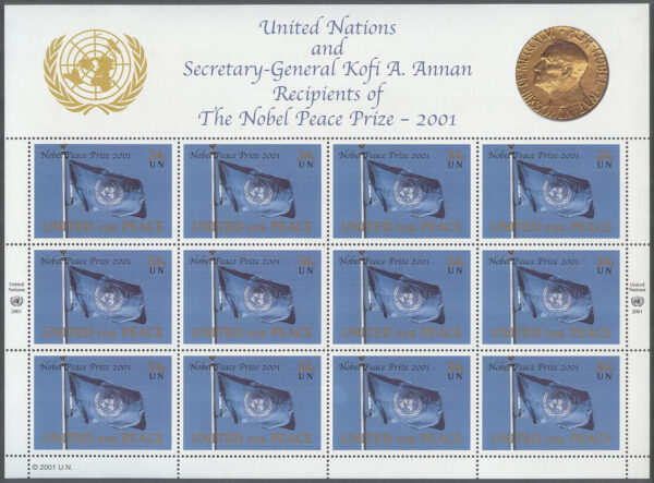 FN New York - M  888 Nobelpris till FN & K Annan 2001 - Flaggor, Miniark kpl **