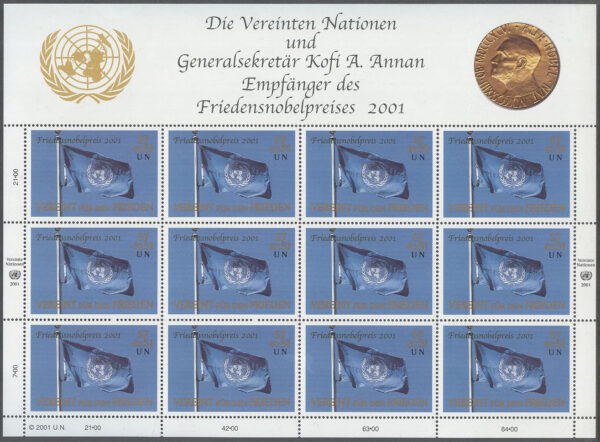 FN Wien - M  350 Nobelpris till FN & K Annan 2001 - Flaggor, Miniark kpl **