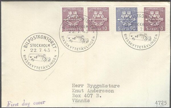 Sverige - FDC 1943-07-22 - Skytterörelsen 50 år, kpl Adressat + FDC stämpel