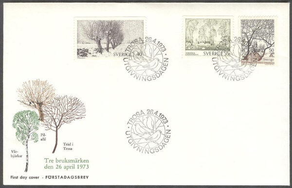 Sverige - FDC 1973-04-26 - Naturmotiv - Träd, 3 kpl Vinjett 2