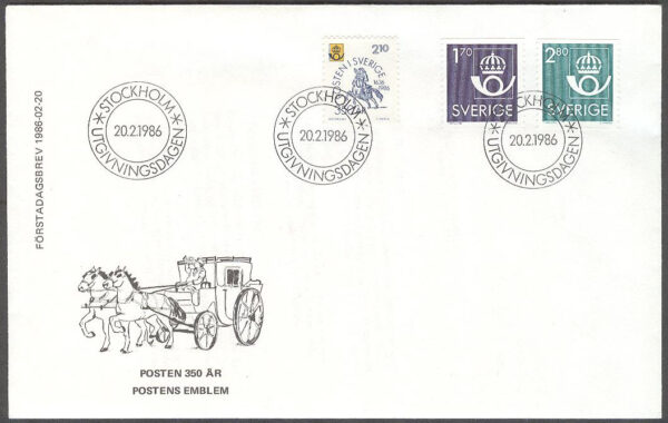 Sverige - FDC 1986-02-20 - Postens emblem & Postverket 350 år, 3 kpl Vinjett 2