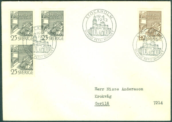Sverige - FDC 1952-04-19 - Olavus Petri, serie 4 kpl Adressat