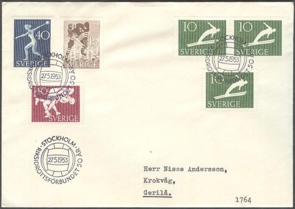 Sverige - FDC 1953-05-27 - Riksidrottsförbundet, serie 6 kpl Adressat