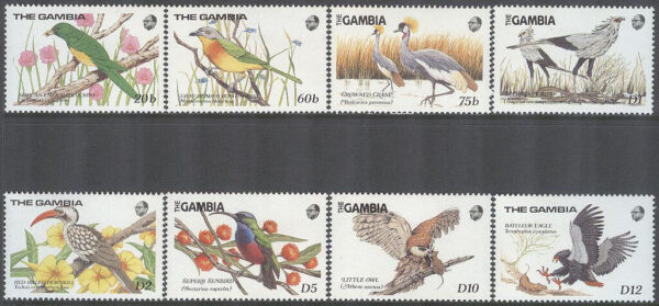 Gambia - M  853-860 Fåglar bla Gråhuvad busktörnskata, 8 kpl **