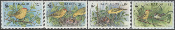 Barbados - M  770-773 Fåglar - Skogssångare - Naturskydd - WWF, 4 kpl **
