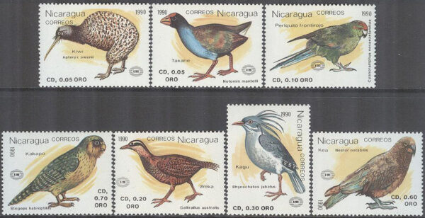 Nicaragua - M 3022-3028 Int. Frimärksutst. "New Zealand 90". Fåglar, 7 kpl **