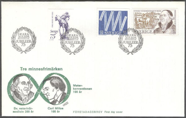Sverige - FDC 1975-05-20 - Minnen bla Carl Milles, 3 kpl Vinjett 1
