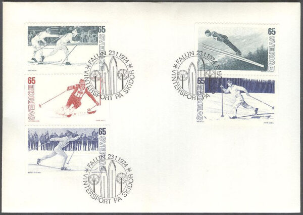 Sverige - FDC 1974-01-23 - VM på skidor, delad 5-strip kpl