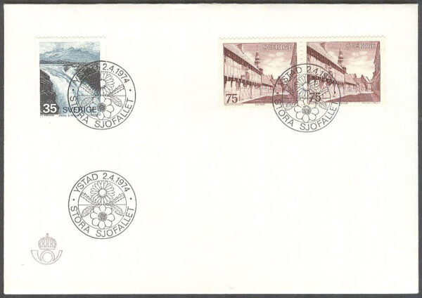 Sverige - FDC 1974-04-02 - Stora Sjöfallet - Ystad, 3 kpl Stort Posthorn brunt
