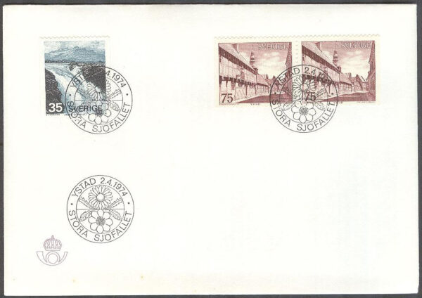 Sverige - FDC 1974-04-02 - Stora Sjöfallet - Ystad, 3 kpl Stort Posthorn lila