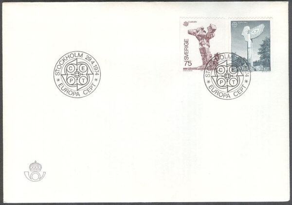 Sverige - FDC 1974-04-29 - Europa CEPT 1974 Skulpturkonst, 2 kpl Stort Posthorn svart
