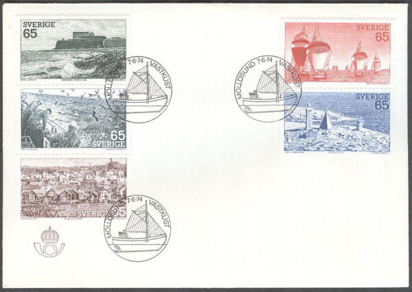 Sverige - FDC 1974-06-07 - Västkust, delad 5-strip kpl Stort Posthorn brunt