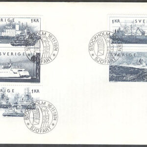 Sverige – FDC 1974-11-16 – Sjöfart, delad 5-strip kpl Litet Posthorn brunt