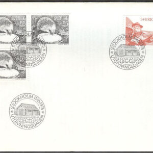 Sverige – FDC 1975-10-11 – Igelkott – Spelman nyckelharpa, 4 kpl Litet Posthorn svart