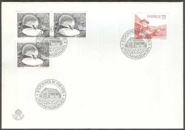 Sverige - FDC 1975-10-11 - Igelkott - Spelman nyckelharpa, 4 kpl Litet Posthorn svart
