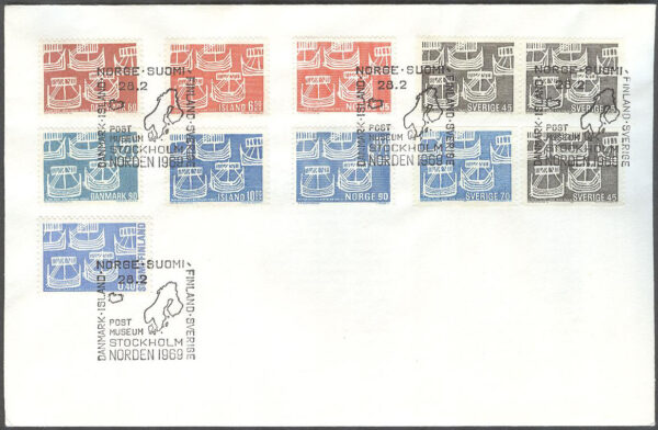 Sverige - FDC 1969-02-28 - Norden II. Postsamarbete, märken från hela Norden kpl