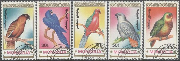 Mongoliet - M 2182-2186 Fåglar - Papegojor, 5 olika stpl