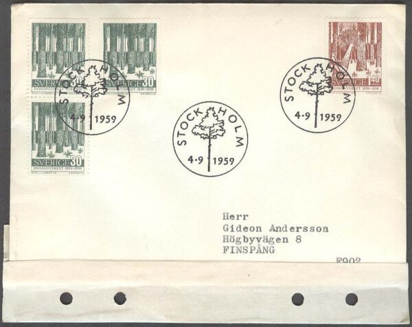 Sverige - FDC 1959-09-04 - Domänverket 100 år, 4 kpl Adressat