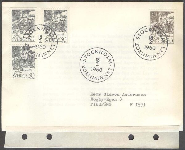 Sverige - FDC 1960-02-18 - Anders Zorn, 4 kpl Adressat