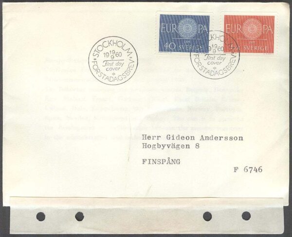 Sverige - FDC 1960-09-19 - Eurpa CEPT 1960, 2 kpl Adressat