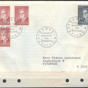 Sverige – FDC 1960-11-23 – Hjalmar Branting 100 år, 4 kpl Adressat