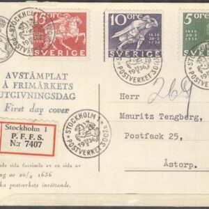 Sverige – FDC 1936-02-20 – Postverket 300 år, 3 märken REK+FDC stämp Adressat
