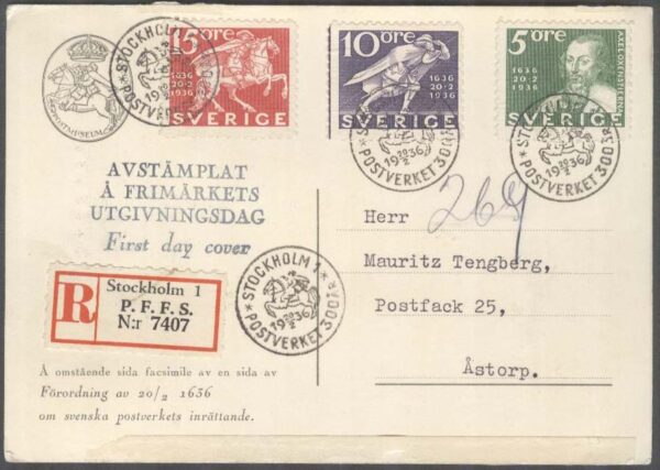 Sverige - FDC 1936-02-20 - Postverket 300 år, 3 märken REK+FDC stämp Adressat