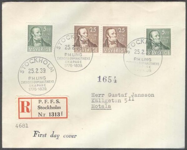 Sverige - FDC 1939-02-25 - P H Ling, 4 märken REK+FDC stämp Adressat