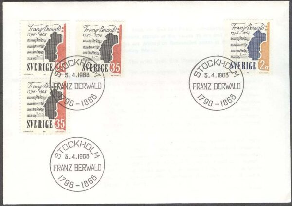 Sverige - FDC 1968-04-03 - Franz Berwald, 4 kpl