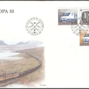 Sverige – FDC 1988-08-25 – Europa CEPT 1988 Transport – Järnväg, 3 kpl Vinjett 1