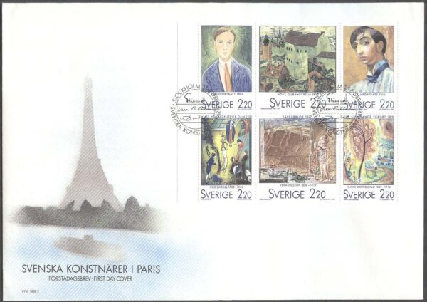 Sverige - FDC 1988-08-25 - Svenska konstnärer i Paris, HBL kpl Vinjett 1