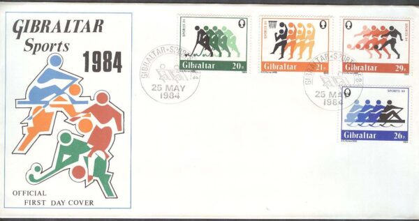 Gibraltar - FDC 1984-05-25 - Sport - Landhockey - Basket - Fotboll - Rodd, 4 kpl