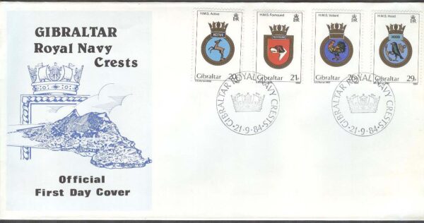 Gibraltar - FDC 1984-09-21 - Skeppsvapen III - Djurmotiv bla Fåglar, 4 kpl