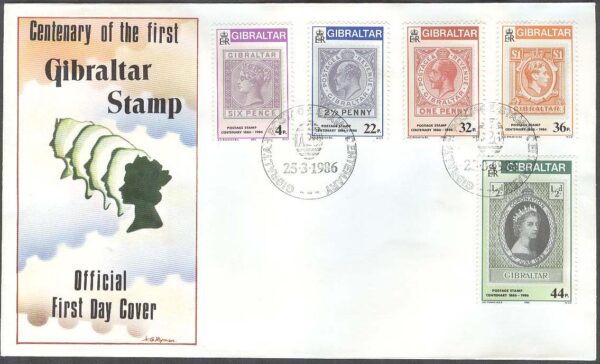 Gibraltar - FDC 1986-03-25 - Gibraltars frimärken 100 år - Regenter, 5 kpl