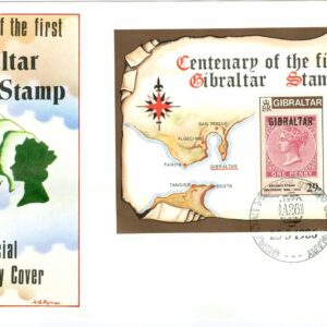 Gibraltar – FDC 1986-03-25 – Gibraltars frimärken 100 år – Drottning Victoria, block
