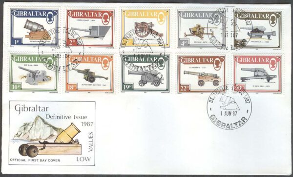 Gibraltar - FDC 1987-06-01 - Kanoner bla Bofors-Flak L 40/70, 13 kpl
