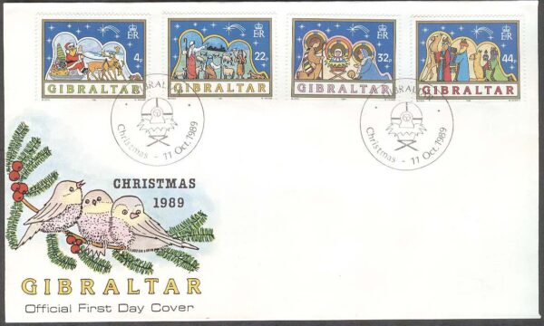 Gibraltar - FDC 1989-10-11 - Jul 1989 bla Den Heliga Familjen - Fåglar, 4 kpl