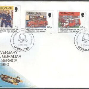 Gibraltar – FDC 1990-04-02 – Brandkåren 150 år – Bilar – Uniformer, 4 kpl