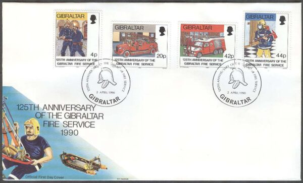 Gibraltar - FDC 1990-04-02 - Brandkåren 150 år - Bilar - Uniformer, 4 kpl